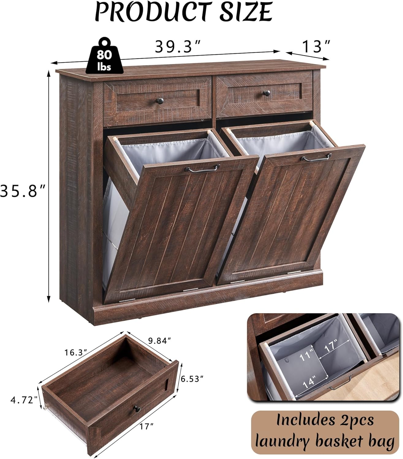 Double Tilt Out Laundry Hamper Cabinet, 20 Gallon Farmhouse Trash Can Cabinet with Drawer, Hidden Wood Garbage Can Bin Cabinet with Laundry Storage Basket for Bathroom, Kitchen, Brown