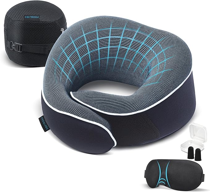 Orthopedic Neck Pillow Travel Neck Pillows for Airplanes, Memory Foam Kit, Updated Resting Material, Airplane Travel Set with 3D Contoured Eye Masks, Earplugs, and Luxury Mesh Bag (Blue)