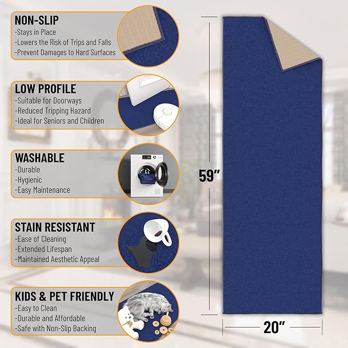 Machine Washable Modern Solid Design Non-Slip Rubberback 2x5 Traditional Runner Rug for Hallway, Kitchen, Bedroom, Entryway, 20" x 59", Navy