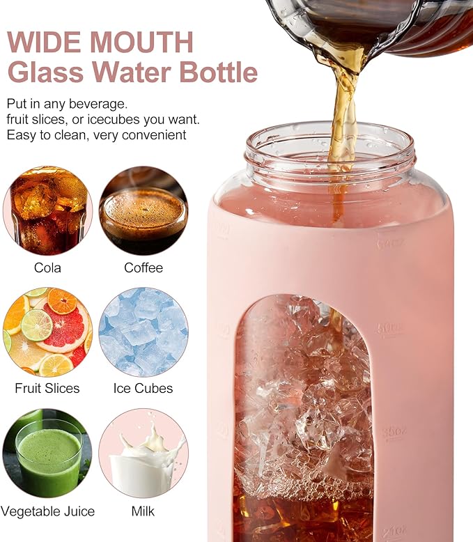 TKK 64 OZ Glass Water Bottle with Straw and Handle Half Gallon Bottle with Silicon Sleeve 2L Sports Water Bottles for Fitness, Gym, Workout - Pink