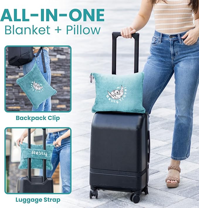 Resty Travel Blanket - Compact Airplane Blanket with Bag - Small and Lightweight Traveling Blanket & Pillow - Portable Blankets with Carabiner for Easy Transport - Plane Train Car (Baby Blue)