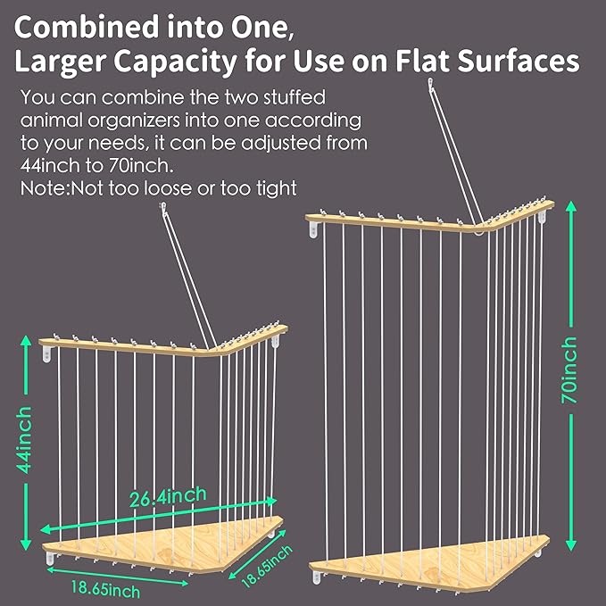 Stuffed Animal Storage Wood Corner Plush Toys Holder, 2-in-1 Splice and Length Adjustable Hanging Stuffed Animal Toy Organizer Shelf for Nursery Kid Room Play Room Bedroom (2PCS)
