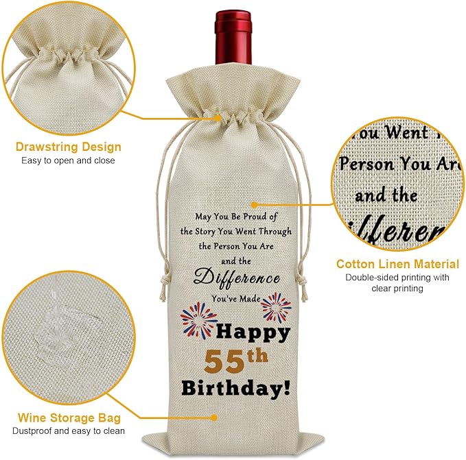 Sazuwu Happy 55th Birthday Gifts Wine Bag Inspirational Birthday Quotes Wine Accessories Gifts for Wine Lovers Born in 1969 Gifts for Mom Dad Funny Gifts for Turning 55 Wine Bottle Decoration Bag