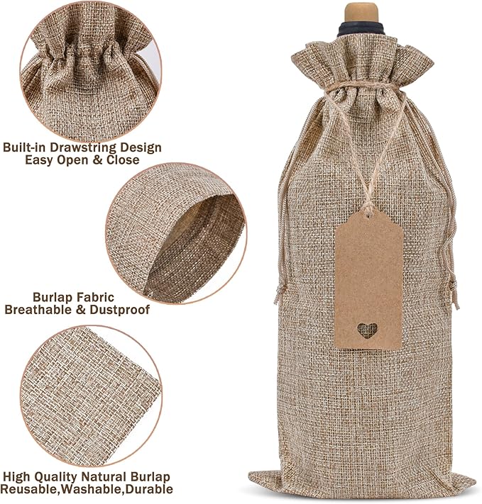 EVRWO Burlap Wine Bags 12 Pcs Wine Bottle Gift Bags Reusable Gift Bags With Drawstrings Tags & Ropes for Holiday Weedings Party, Birthdays, Travel, Blind Tastings, Home Storage 750ml (Natural)