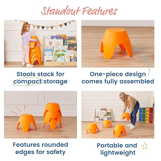 ECR4Kids Ayana Stool Set, Flexible Seating, Orange, 4-Pack