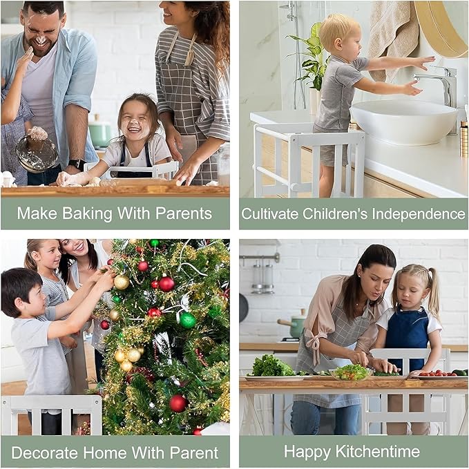 COSYLAND Kids Kitchen Step Stool, Toddler Standing Tower with CPC & FSC Certification, Removable Anti-Drop Railing Safety Rail Enjoys Unique Patented Design A Anti-tip Stable Structure Blue & White