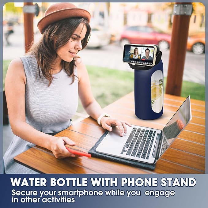 Glass Water Bottles 64 oz - Half Gallon Water Bottle with Straw Phone Holder Handle Time Marker and Silicone Sleeve, Large Motivational Water Jug with Carrier Bag for Daily Intake Gym Blue