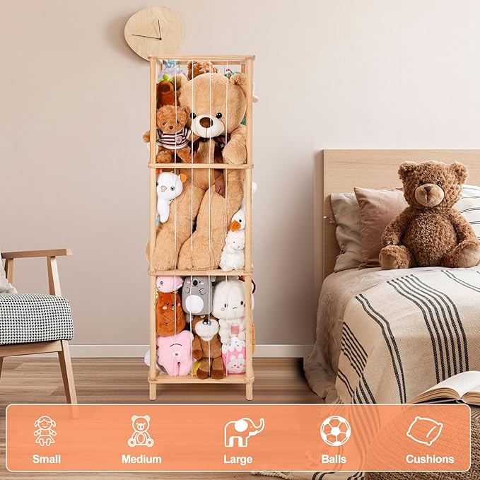 ACEPRUT Wood Stuffed Animal Storage Holder, Space Save Three Tier Vertical Large Stuffed Animal Zoo Organizer for Playroom Bedroom, Toy Storage Birthday Gifts for Kids