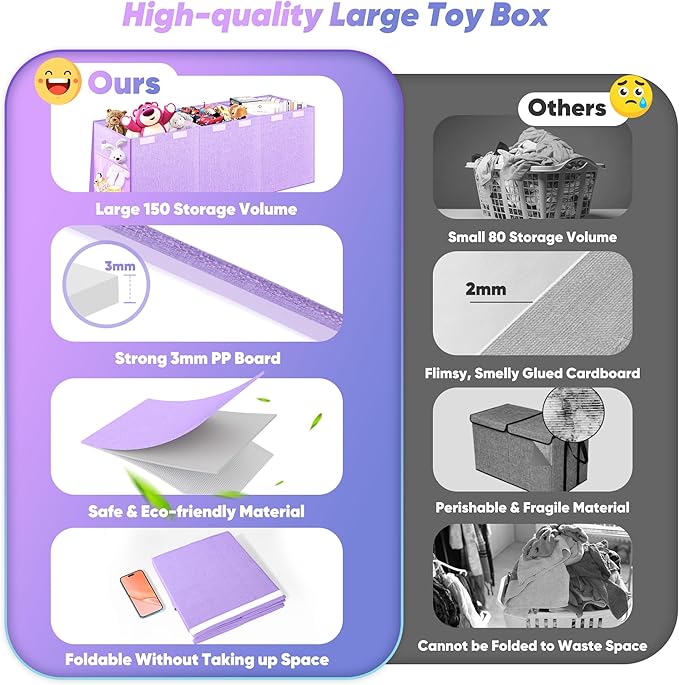 Extra Large Toy Box, Toy Box for Kids Boys Girls, Collapsible Sturdy Toy Storage Organizer with Mesh Pockets, 41"x14"x16" Kids Toy Chest Boxes Bins Baskets for Nursery, Playroom, Purple