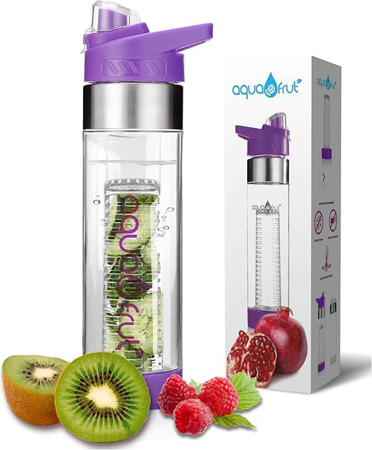 NEW AquaFrut Bottom Loading Fruit Infuser Water Bottle - BPA Free Tritan Plastic - Leak Proof - 24 OZ - Infusion Recipe eBook (Purple)