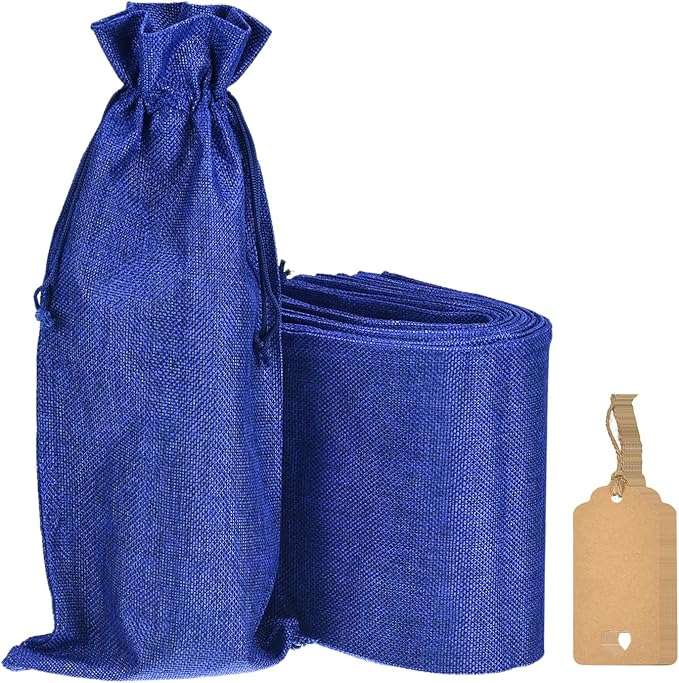 uxcell Burlap Wine Bags with Drawstrings, 12Pcs Wine Gift Bags Reusable Wine Bottle Bags with Ropes and Tags for Wedding, Birthday, Travel (14 x 6.3 In, Blue)