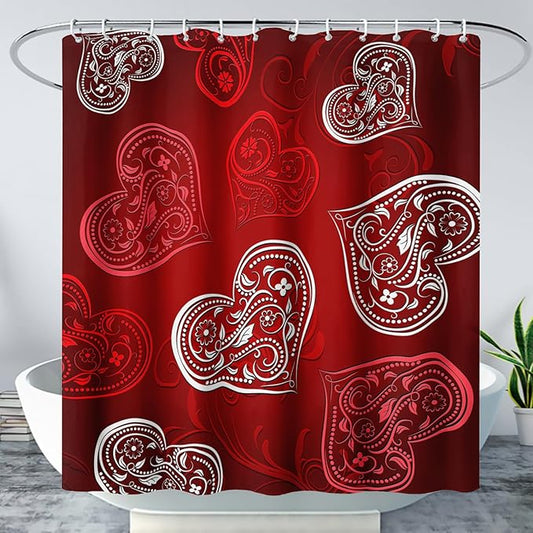 AILONEN Heart Love Shower Curtain for Bathroom, Red and White Floral Hearts Print Bath Curtain,Minimalism Hearts Decoration Shower Curtain Waterproof with 12 Plastic Hooks, 72" W*96" H