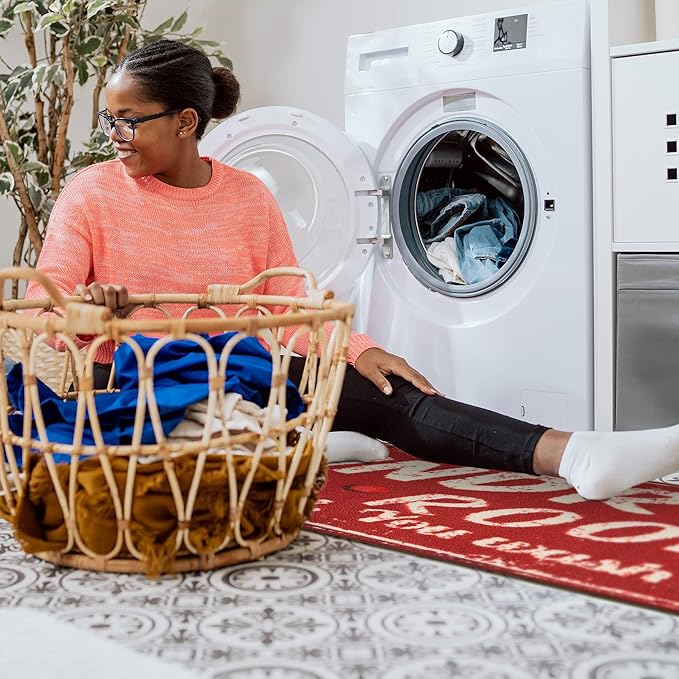 Ottomanson Laundry Collection Non-Slip Rubberback Laundry Text Design 2x5 Laundry Room Runner Rug, 20" x 59", Red