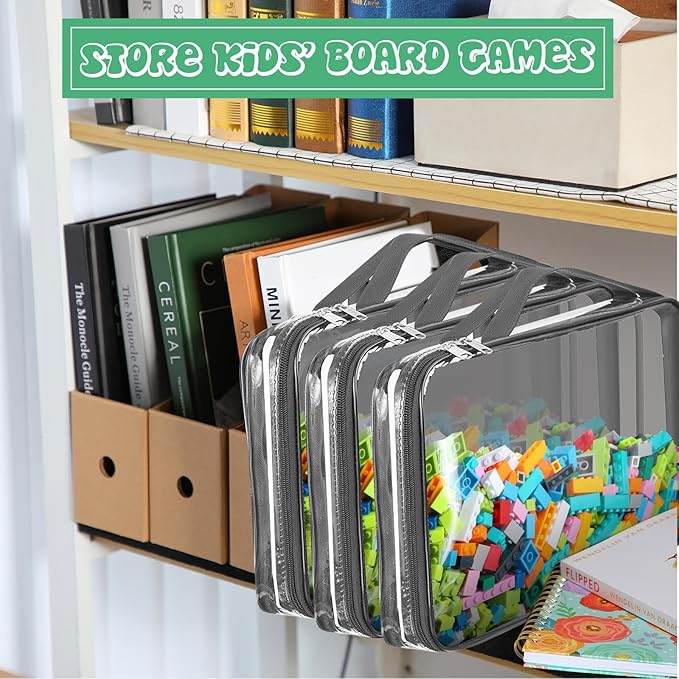 Sanwuta 3 Packs Toy Storage Bags with Zipper, Clear PVC Organizing Bags, Waterproof Toy Bags for Board Games, Building Blocks, Toys and Kids Books (Gray,12.6 x 9 x 2.36 Inch)