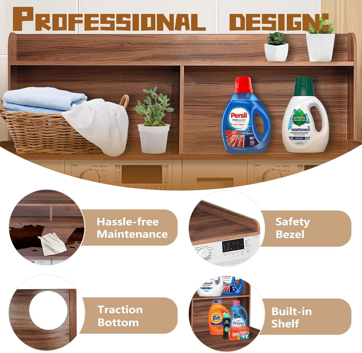 Royxen 2-Tier Washer Dryer Countertop,19.5" H Wood Washer and Dryer Topper with Shelf,Laundry Countertop Over Washer and Dryer, Universal Fit for Laundry Room Organization (Walunt, 54" WX27.5 D)