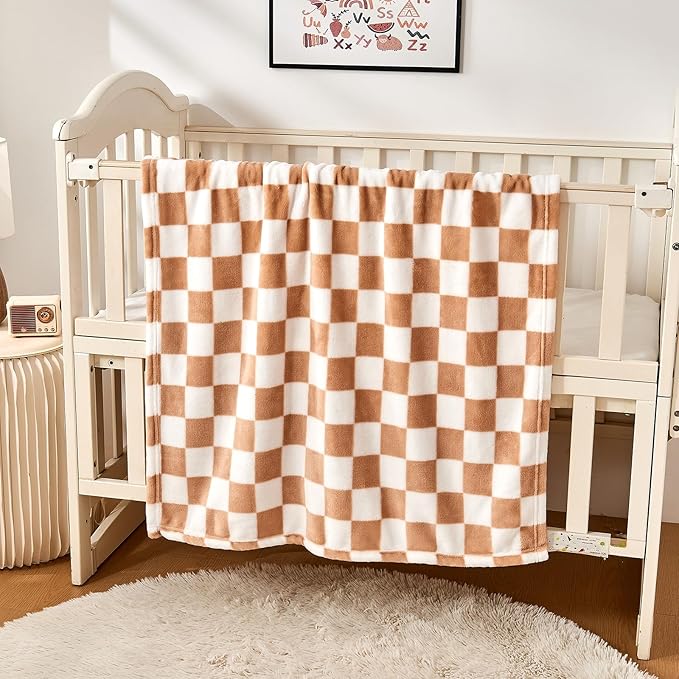 Checkered Baby Blanket Fleece Baby Blankets Neutral for Boys Girls, Super Soft Warm Lightweight Infant Toddler Newborn Receiving Blankets for Crib Stroller, 30''x40'', Khaki