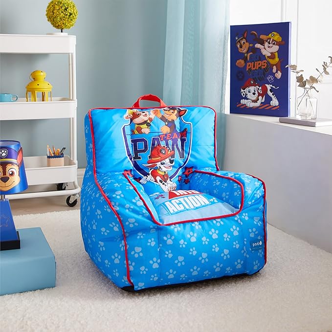 Idea Nuova Paw Patrol Kids Nylon Bean Bag Chair with Piping & Top Carry Handle Large