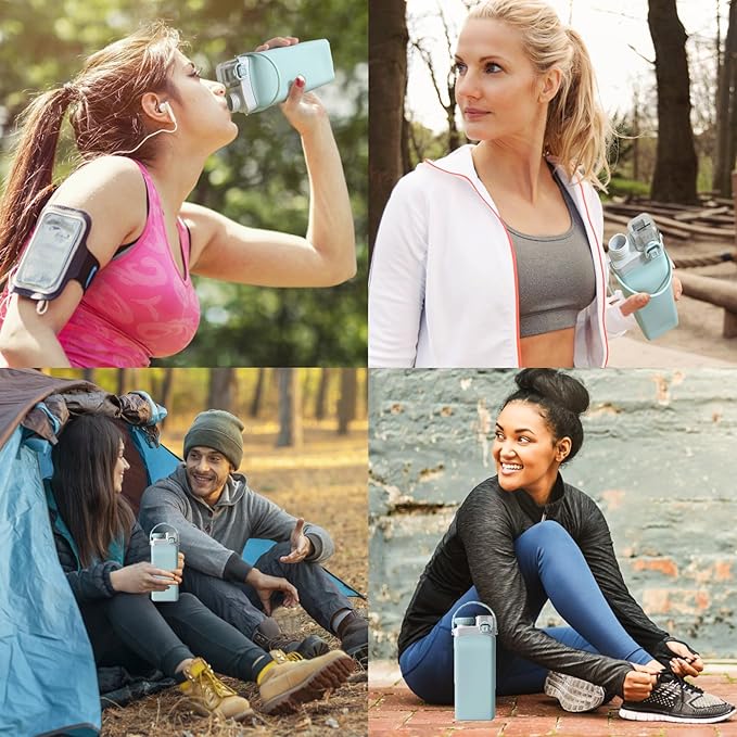 THAIOXYH® Collapsible Water Bottles 20oz Reuseable Leakproof BPA Free Silicone Foldable Water Bottles for Traveling Running Hiking Camping Sports