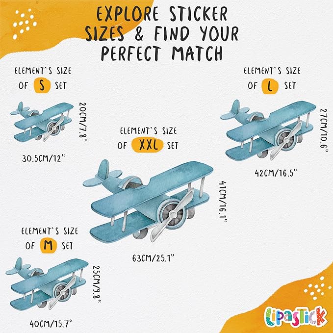 Large Airplane Wall Decals for Kids by Lipastick - 47 pcs Premium Kids Wall Stickers Aircrafts - Creative Nursery Wall Decal - Plane Vinyl Wall Decals for Baby Nursery Children Room Bedroom M Size