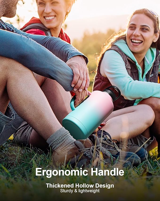 Trebo 64oz Water Bottle Insulated with Straw &2 Lids, Half Gallon Double Wall Vacuum Stainless Steel Metal Large Jug with Handle, Wide Mouth Coffee Flask Mug with Carry Pouch, Keep Cold Hot, Pink