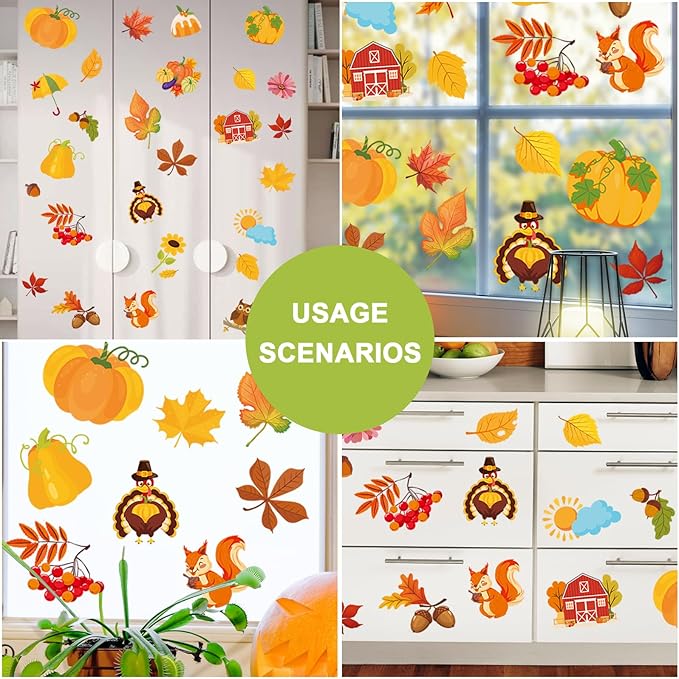 Fall Window Clings Autumn Maple Leaf Window Static Stickers Double-Sided Leaves Pumpkin Turkey Window Door Cling Removable Reusable Window Stickers Thanksgiving Party Window Door Decor
