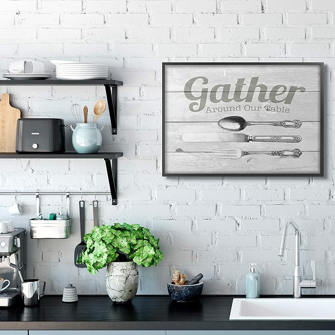 Stupell Industries Gather Silverware Kitchen Wood Texture Word, Design by The Saturday Evening Post Wall Art, 24 x 30, Black Framed