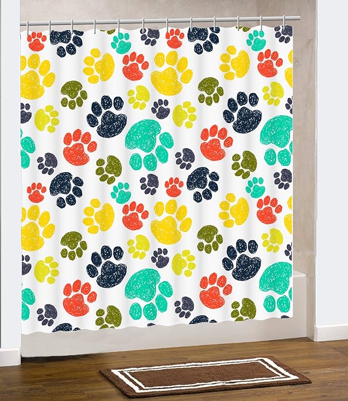 Paw Print Shower Curtain. Colorful Animal Lovers Theme will add an Element of Fun to your Master, Guest, Children's, Boys, Girls Bathroom.