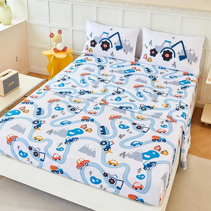 RYNGHIPY Kids Full Bed Sheets: Cars Print Sheets Set for Boys - Breathable Wrinkle Free Microfiber Flat Sheet Fitted Sheet and Pillowcases (White,Full)