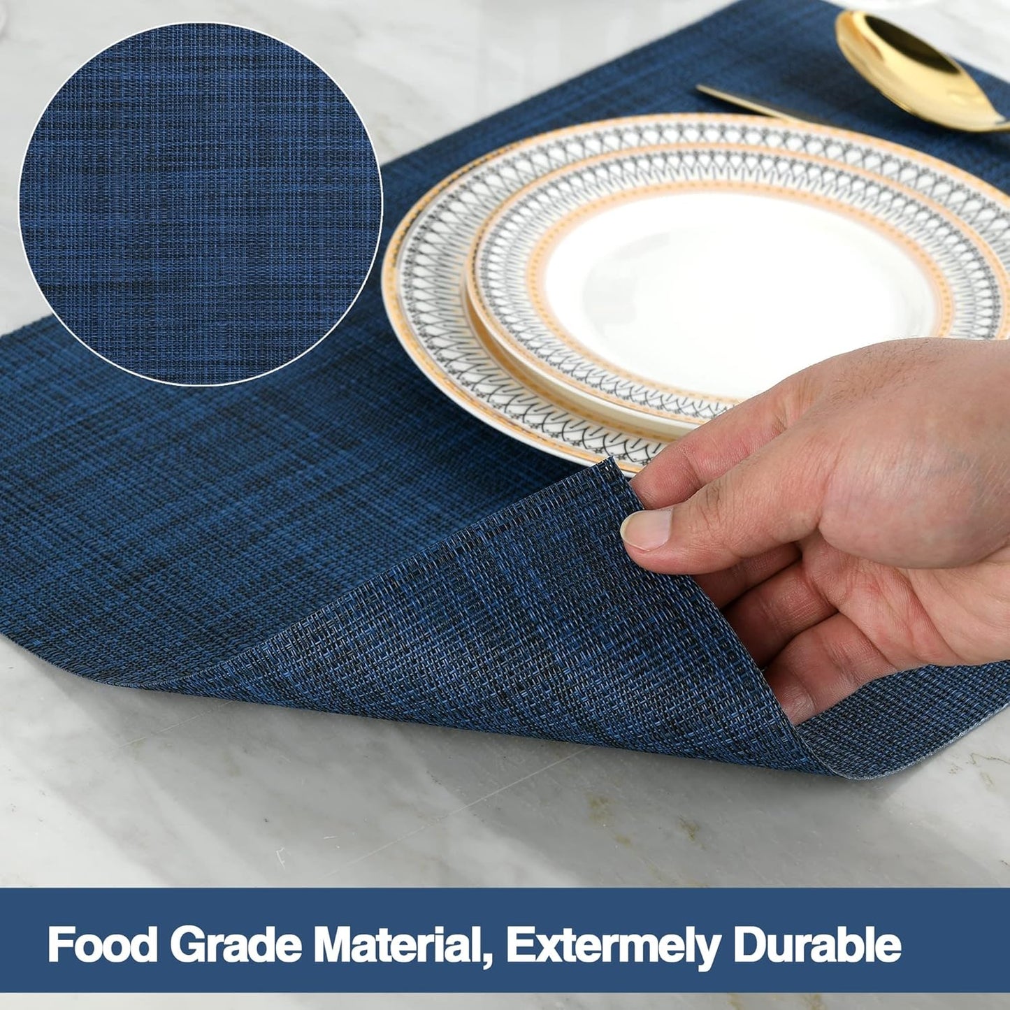 Navy Blue Placemats Set of 6 - Easy Clean Washable Vinyl Placemats - Wipeable Heat Resistant Table Mats for Dining Table - 17x12 Inch (Navy Blue, 6)