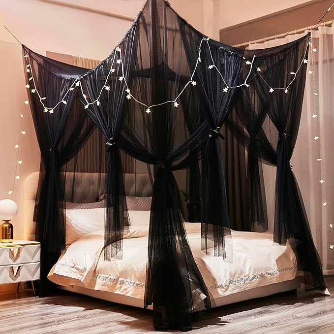 Mengersi Bed Canopy Canopy Bed Curtains with Lights- 4 Corners Post Royal Bed Drapes Mosquito Net- Elegant Bedroom Decoration Accessories for Adults(King,Black)