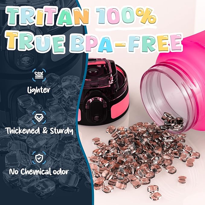 OLDLEY Kids Water Bottle for School, 12 oz (2 lids) BPA-Free Reusable Leak-Proof Durable Tritan Plastic Water Bottles with Straw & Chug Lids, Anti-dust Spout Cover (Rose Blue)