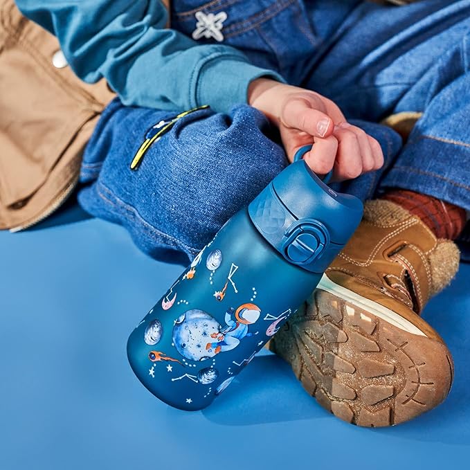 ION8 Small Water Bottle, 350 ml/12 oz, Leak Proof, Easy to Open, Secure Lock, Dishwasher Safe, BPA Free, Carry Handle, Flip Cover, Easy Clean, Odor Free, Carbon Neutral, Deep Teal, Space Travel Design