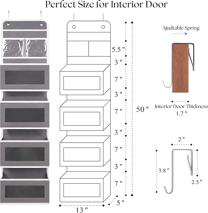 Heavy Duty Over Door Organizer, Wall Mount Hanging Organizer Storage with 4 Large Capacity Pockets, Closet Bathroom Nursery Bedroom Dorm, Toys Cosmetics Sundries and Baby Essentials, Gray
