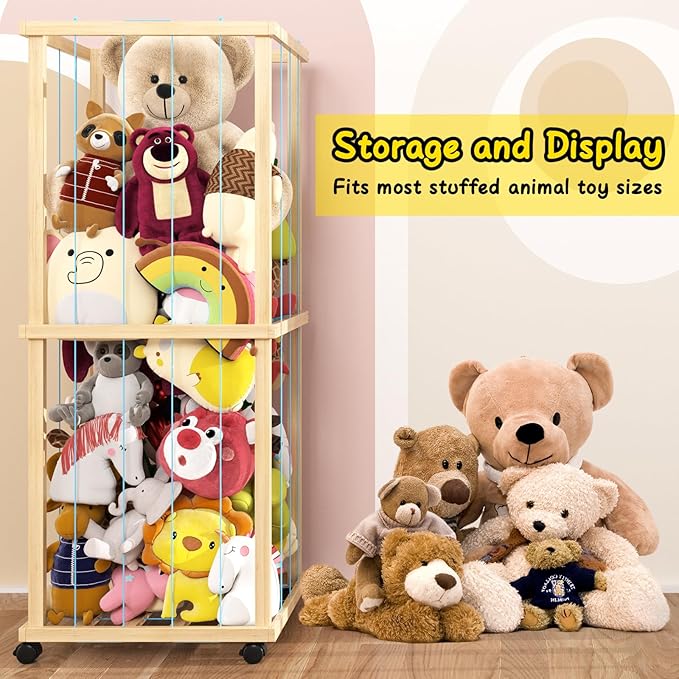 Stuffed Animal Zoo Storage Cage 55" Wood Large Stuffed Animal Storage Basket, Toy Storage for Big Small Stuffed Animals
