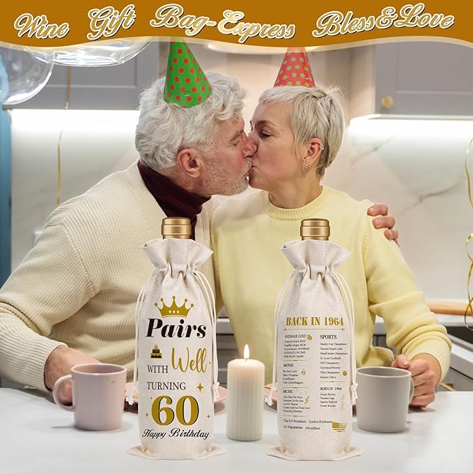 Wxiben 60th Birthday Wine Bags - 1pcs 1964 Wine Gifts for Women Men Burlap Back in 1964 Wine Gift Bag Over the Hill 60th Birthday Party Decorations for Her Him Friend Sisters Mom Wine Bottle Bag