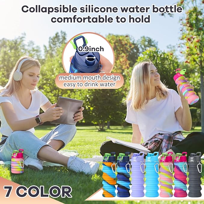 Sunnyray 14 Pack Collapsible Water Bottles 17oz Silicone Portable Water Bottle Bulk Foldable Leak Proof Water Bottle Reusable Camouflage Sports Bottles with Clip for Travel Hiking Camping Outdoor