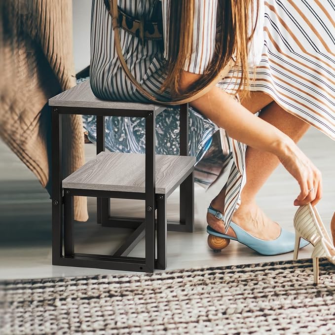 LIANTRAL Step Stools for Adults Kids, 3 in1 Heavy Duty Sturdy Two Step Stool, Supports Up to 500lb, Wooden Board Metal Frame, Foot Stool for High Bed Kitchen Bathroom - Grey