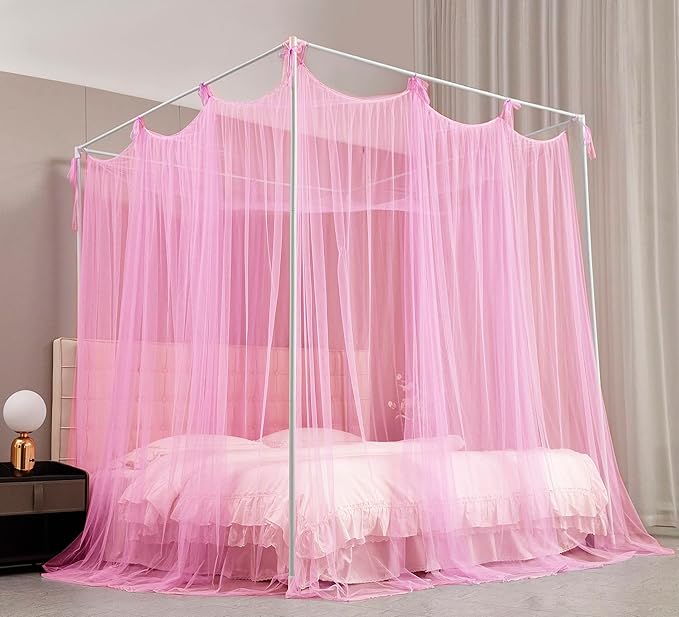 Mengersi Bed Canopy Mosquito Net for Bed,Canopy Bed Curtains Elegant Bed Drapes Screen Netting Canopy Curtains Bedroom Decor (Pink, Full/Queen)