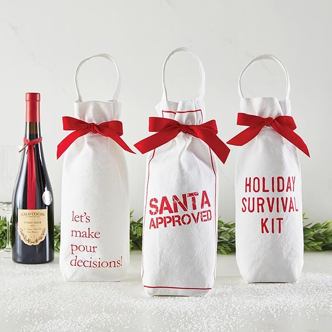 Santa Barbara Design Studio Christmas Canvas Wine Bag With Handle Face-to-Face Designs Reusable Gift Tote, 6" W x 12.5" W x 2.5" D, Holiday Survival Kit