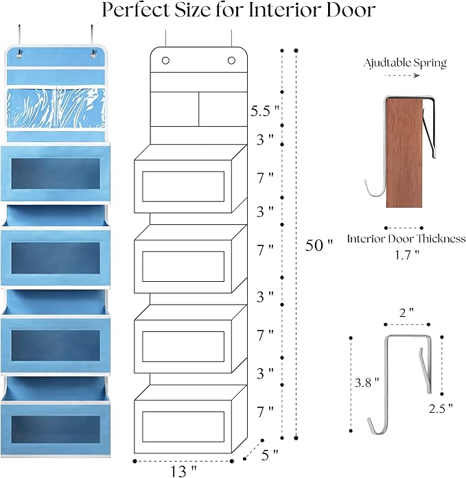 Heavy Duty Over Door Organizer, Wall Mount Hanging Organizer Storage with 4 Large Capacity Pockets, Closet Bathroom Nursery Bedroom Dorm, Toys Cosmetics Sundries and Baby Essentials, Blue