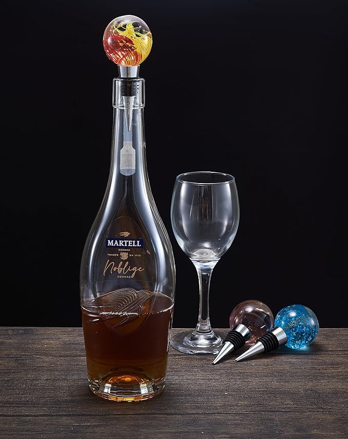 Murano Glass Wine Bottle Stopper with Mid Century Yellow Red Art Glass Ball, Reusable Wine Stoppers for Beverage Wine Saver, Decorative Bottle Stoppers for Gifts, Bar, Party, Wedding, Pack of 1