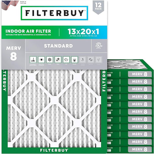 Filterbuy 13x20x1 Air Filter MERV 8 Dust Defense (12-Pack), Pleated HVAC AC Furnace Air Filters Replacement (Actual Size: 12.88 x 19.88 x 0.75 Inches)