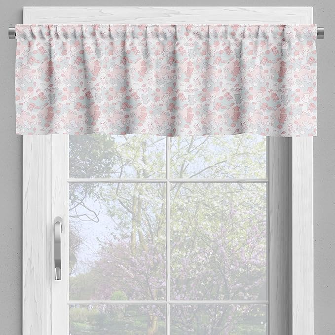 Ambesonne Cartoon Valance & Tier Curtain 3 pcs Set, Styled Cats Bats and Skulls Japanese Inspired Kawaii Design, Window Treatments for Kitchen Room Decor, 55" x 36", Pale Pink