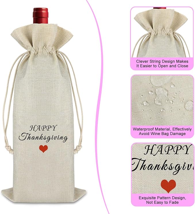 Friendship Gift Thanksgiving Gift for Friends Thanksgiving Decorations Burlap Wine Bags Thanksgiving Themed Gift Happy Thanksgiving Gift for Women Men Christmas Gift Drawstring Wine Bottle Wrap Bag