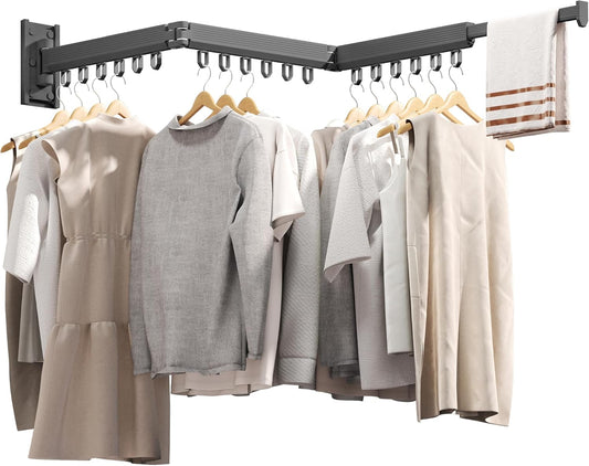 Grey Color Laundry Rack - Wall Mounted, Collapsible Clothes Drying Rack With Loop-type Hooks