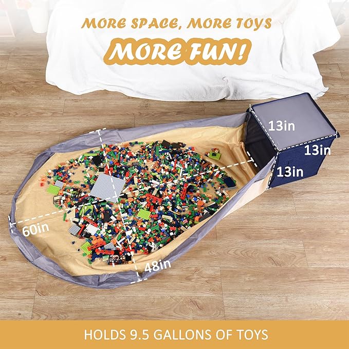 Toy Storage Basket and Play Mat for Kids, Foldable and Stackable Toy Storage Organizer for Building Bricks & Blocks, Toy Box Bin for Boys, Girls, Nursery, Playroom, 13"x13"x13" (Navy Blue)