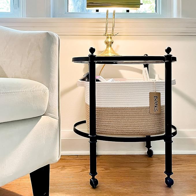 Goodpick Woven Storage Baskets for Organizing, Dog Toy Basket Medium Empty Gift Basket with Handles, Square Wicker Basket, White and Jute Storage Bin, 13.5 x 11 x 9.5 Inches