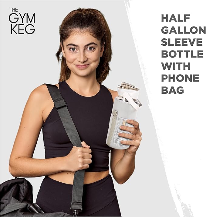 THE GYM KEG 74oz Large Water Bottle with Carrier - Water Bottles with Strap for Gym, Workout or Sports - Daily Water Jug for Men and Women - Neoprene Sleeve - Cream - 11.6x5.3 inch