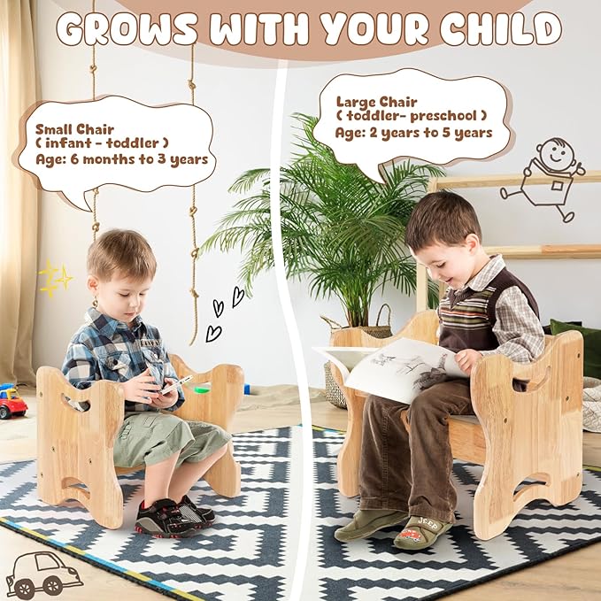 Grebarley Montessori Weaning Table and Chair Set, Solid Wood Tables and Chairs for Toddlers Age 1-3, 2 in 1 Real Hardwood Desk for Reading, Snack Time, Activity Cube, Step Stool, Montessori Furniture