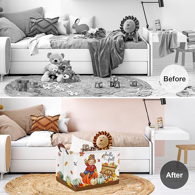 Clastyle Rectangular Scarecrow Cart Fall Basket Farm Harvest Turkey Thanksgiving Storage Bin Maple Leaf Pumpkin Large Gift Basket Autumn Clothes Toy Book Shelf Basket